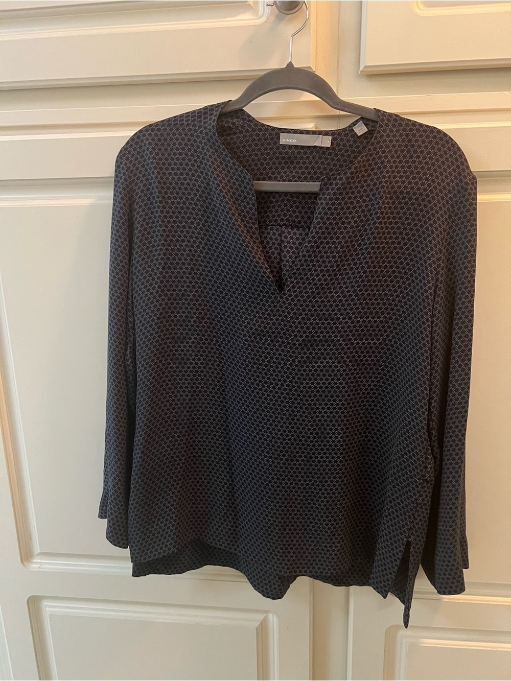 Vince Silk Navy Micro-Print Split V-Neck Long Sleeve Blouse